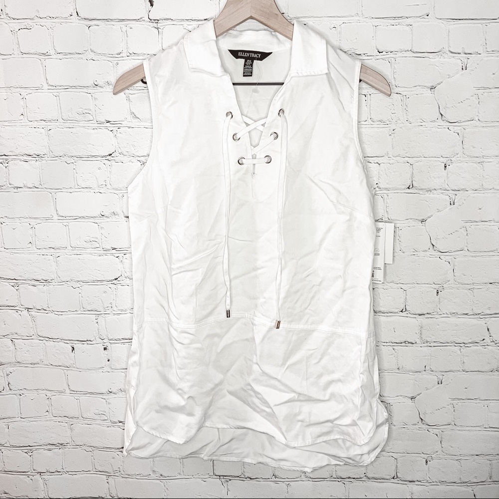 Ellen Tracy Lace Up Collared Sleeveless Tencel Tank Top White Size Medium NWT